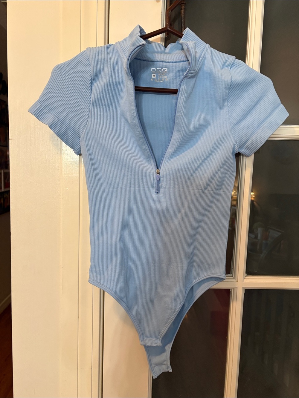 OQQ Zip-Front Light Blue Ribbed Kids One-Piece Bodysuit